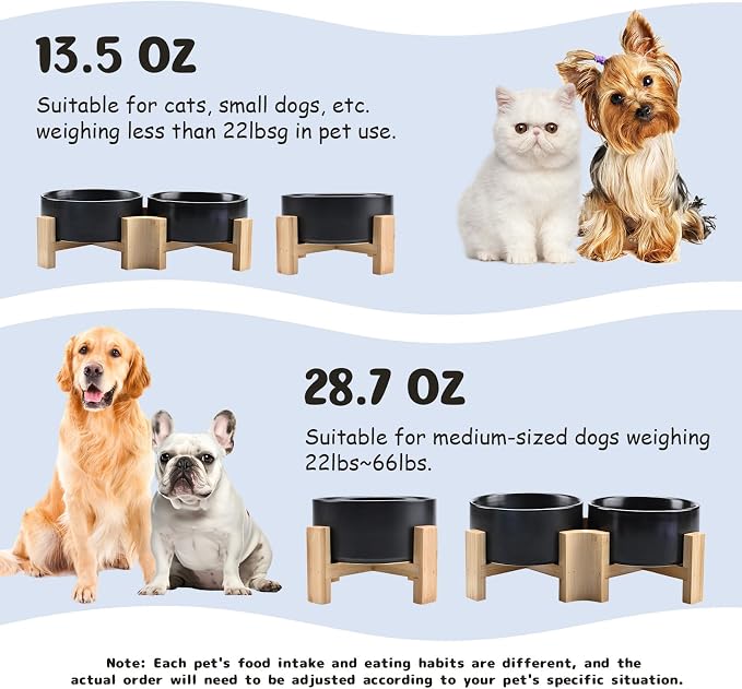 SPUNKYJUNKY 15° Slanted Ceramic Dog and Cat Bowl with Wooden Stand, Tilted Bulldog Food and Water Bowl No Slip Non-Spill for Cats Medium Dogs Big Face Pets 28.7 OZ (3.6 Cups, Black)
