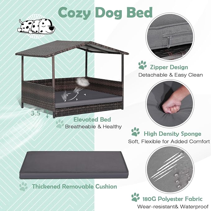 Wicker Dog Bed House, Indoor Outdoor HDPE Rattan Dog Houses, Raised Dog Cot Pet House, Elevated Pets Sofa w/Washable Cover, Waterproof Roof Shelter, Removable Cushion Lounge