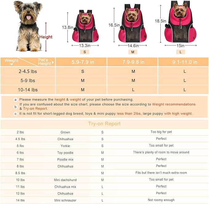 WOYYHO Pet Dog Carrier Backpack, Ventilated Mesh Small Dog Front Backpack | Breathable Puppy Back Pack, with Safety Belt, Storage Pockets, for Travel Hiking Cycling Outdoor Adventures, Rethink Pink, L
