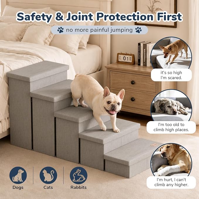 5-Step Wide Dog Stairs with Storage 23" H, Non-Slip Sturdy Pet Steps for High Bed Couch Window, Pet Stairs for Small/Medium/Large Old Dogs Cats Up to 260lbs, Cat Dog Steps for Car/SUV, Grey