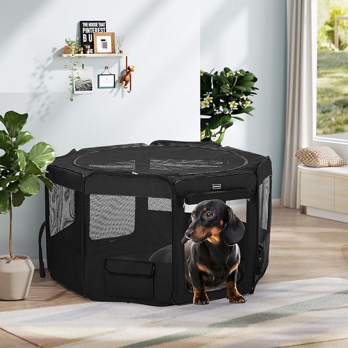 Dog Playpen Portable Pet Play Pens for Small Dog/Cat/Rabbit/Chicks, Cat Playpen Indoor/Outdoor with Carring Case, Removable Zipper Top and Bottom (Black, Extra Large (55"x55"x30"), 8)