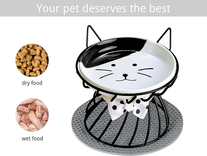 Elevated Cat Food Dish, Ceramic, Non-Slip Stand, Raised Feeding Station, 5 in, Shallow for Whiskers, Dishwasher Safe | Easy-clean Wide shallow dish for whisker comfort Non-slip