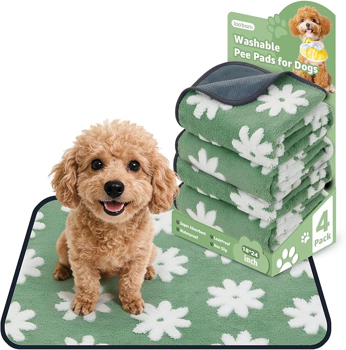 LOOBANI Washable Puppy Pads, Reusable Dog Pee Mat 18"x24", 4 Pack | Super Absorbent, Waterproof, Leakproof, Non-Slip, Soft For Playpen, Crate, Potty Training, Floors
