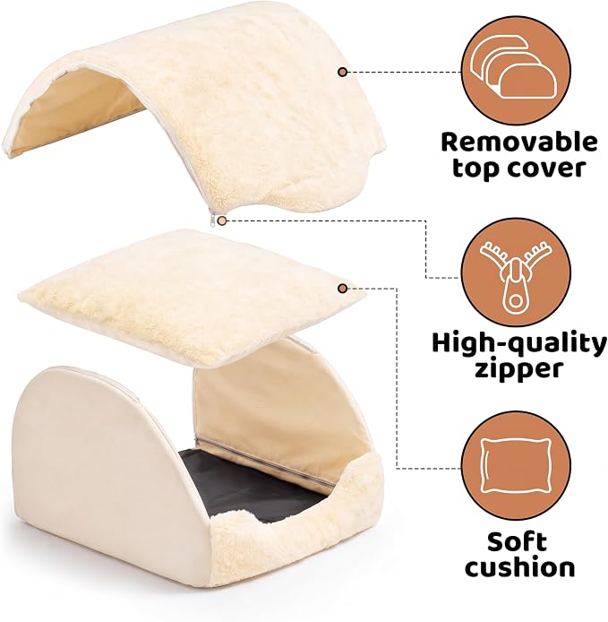 LATIBELL Indoor Puppy House Foldable Pet Tent Cave Bed ，White | Foldable Indoor Dog House With Removable Washable Soft Cushion, Covered Cave For Small Puppy