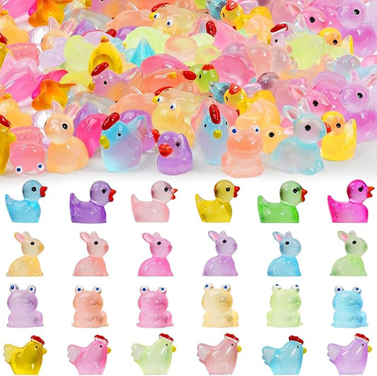 Mini Resin Animals to Hide 72 PCS Luminous Tiny Miniature Figurines Bulk Glow in The Dark Include Little Ducks Small Chicken Rabbits Frogs for Garden Micro Landscape Aquarium Potted