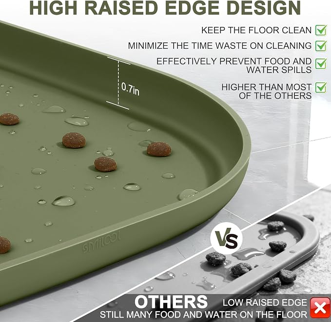 SMILOOL Waterproof Silicone Pet Food Mat with Raised Edge for Dog & Cat | 12" x 12" Non-Slip Small Pet Feeding Mats with Lip for Food & Water Bowl, Food Grade, Easy Cleaning, Light Olive Green