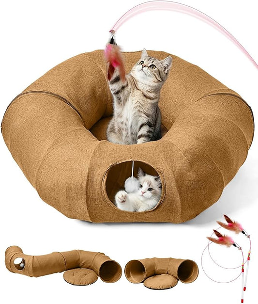 Linen Cat Tunnels with Central Cat Bed, Interactive Cat Toys Detachable Washable Soft Mat Large Indoor Play Tunnel Cave for Kittens and Small Animals