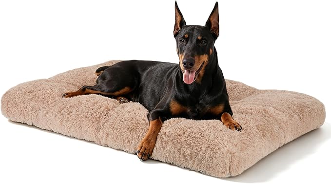 JOEJOY Large Dog Bed Crate Pad, Deluxe Plush Washable Dog Beds Fulffy Soft Kennel Pad Anti-Slip Pet Sleeping Mat for Extra Large Medium Small Dogs, 47" x 29", Beige