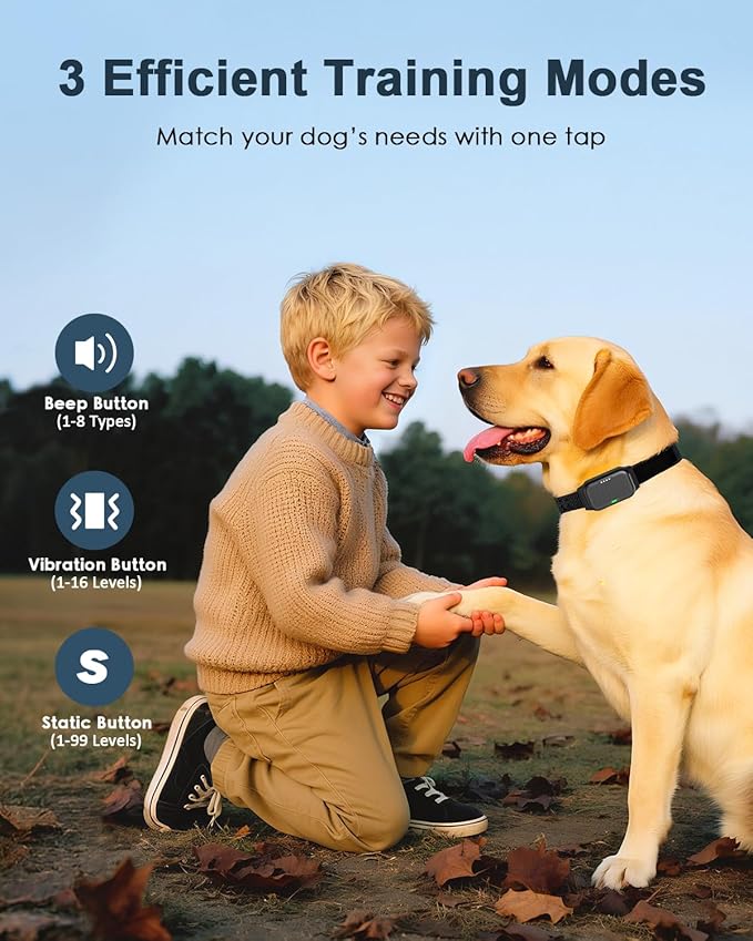Shock Collar for Dogs, IP67 Waterproof Dog Training Collar with Remote Control, 3 Modes: Beep, Vibration, Safe Static, Rechargeable Adjustable for 15-110lbs Medium Large Dogs