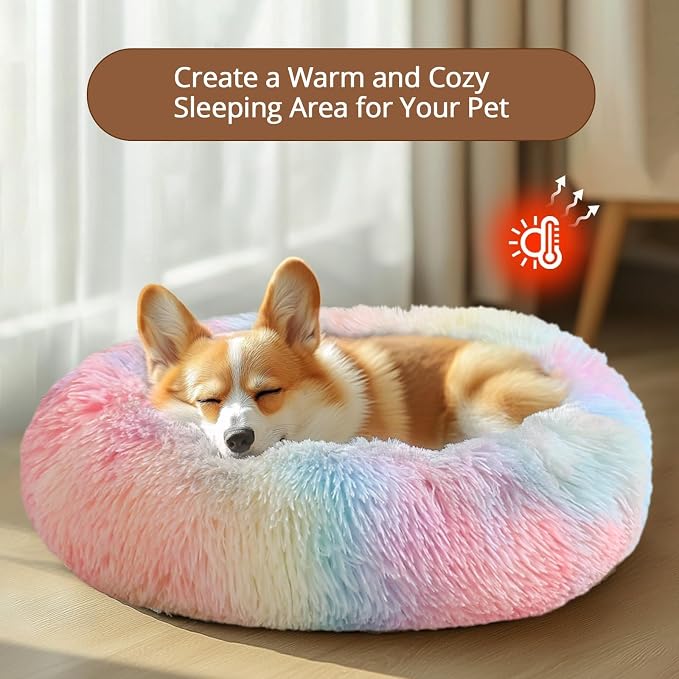 JOLLYVOGUE Calming Dog Bed Medium Size Dog, Anti-Anxiety Donut Medium Pet Bed, 27 inches Fluffy Faux Fur Round Cat Bed (Rainbow)