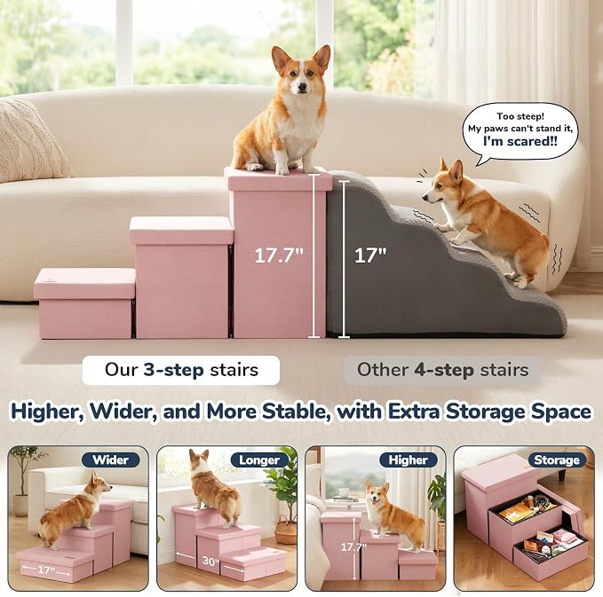 3-Step Wide Dog Stairs with Hidden Storage 18" H, Non-Slip Dog Steps for High Bed Couch Window Car, Jiont-Friendly Pet Stairs Ramp for Small/Medium/Large Old Dogs Cats Up to 200lbs, Pink