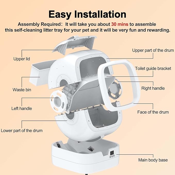 Mintakawa Automatic Cat Litter Box Self Cleaning - APP Control and Weight Monitoring - Ultra-Quiet, Suitable for Medium Cats and Kittens, Safe Anti-Pinch Litter Box (Assembly Required) - White