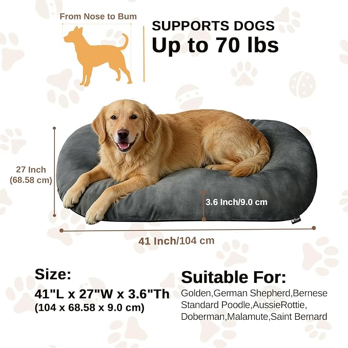 Washable Oval X-Large Dog Bed, Silver-Tipped High-Resilience, Dark Gray | Non-Slip Bottom Prevents Sliding, Soft Plush Short Fur, Machine Washable, Ideal for Crates/Apartments/Cozy Nooks,41"x27"x3.6"