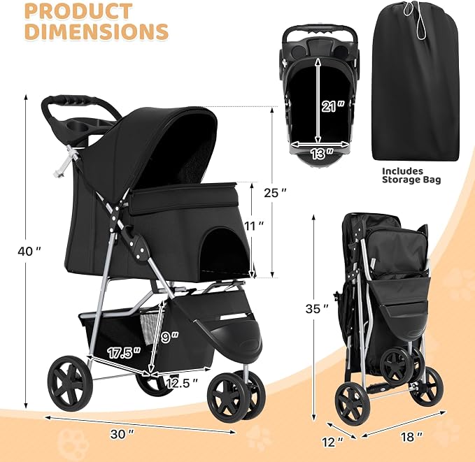 Magshion 3-Wheel Pet Stroller for Small/Medium Dog Cat, Up to 33lbs, Black | Foldable Travel Jogger w/ Breathable Mesh Cover, Lightweight Design, Safety Tethers, Cup Holder & Storage Basket