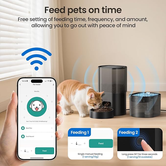 Automatic Cat Feeder and Water Fountain 2-in-1, Smart Timed Cat Food Dispenser with 2.4G WiFi APP Control, Automatic Dog Feeder and Water Dispenser with 10s Voice Recorder for Cats Small Dogs