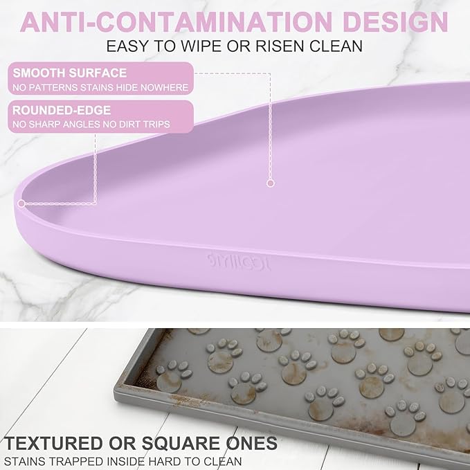SMILOOL Waterproof Silicone Pet Food Mat with Raised Edge for Dog & Cat | 24" x 16" Non-Slip Pet Feeding Mats with Lip for Food & Water Bowl, Food Grade, Easy Cleaning, Lavender