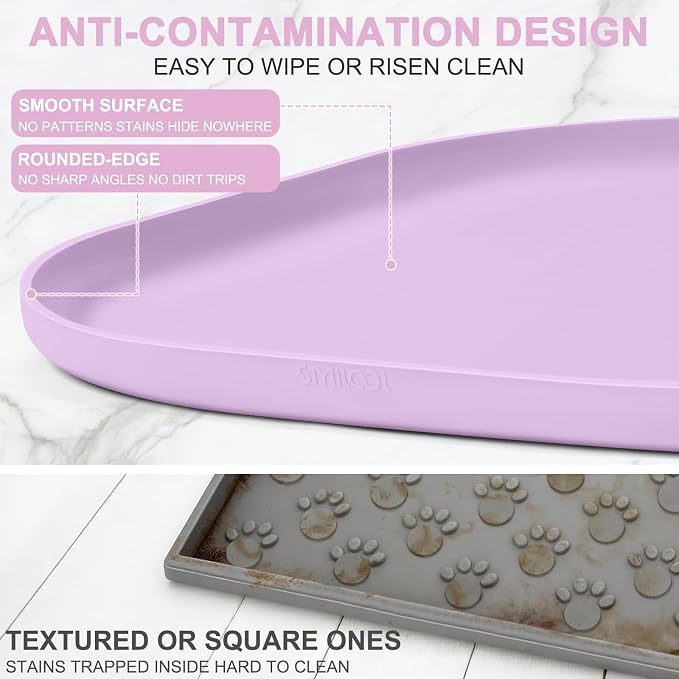 SMILOOL Waterproof Silicone Pet Food Mat with Raised Edge for Dog & Cat | 19" x 12" Non-Slip Pet Feeding Mats with Lip for Food & Water Bowl, Food Grade, Easy Cleaning, Lavender