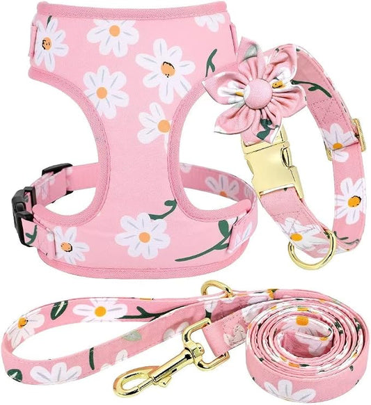 Beirui Cute Dog Collars,Harnesses,Leashes Set, Floral Pattern, Pink-1,XS | Girl Dog Harness Set with Flower, Adjustable and Soft Mesh Lining, For Small Dogs Daily Walks