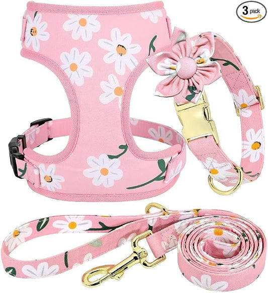 Beirui Cute Dog Collars,Harnesses,Leashes Set, Floral Pattern, Pink-1,M | Girl Dog Harness Set with Flower, Adjustable and Soft Mesh Lining, For Medium Dogs Daily Walks