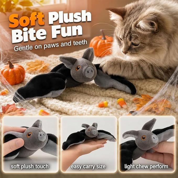 Flying Bat Dog Toy, Flapping Wings Interactive Chirping Pet Teaser, Remote Control Rechargeable Halloween Bat Toy with Catnip Filling, Electric Simulation Flying Motion Toy for Cats Dogs，2pcs