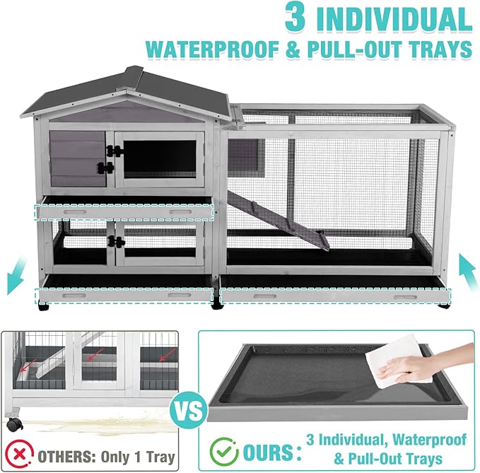 Suumerpety 62" Rabbit Hutch with Chew-Proof Ramp & Waterproof Roof - Indoor/Outdoor Bunny Cage, 2-Story Design, 6 Lockable Caster Wheels & Dual Pull-Out Trays (Grey)