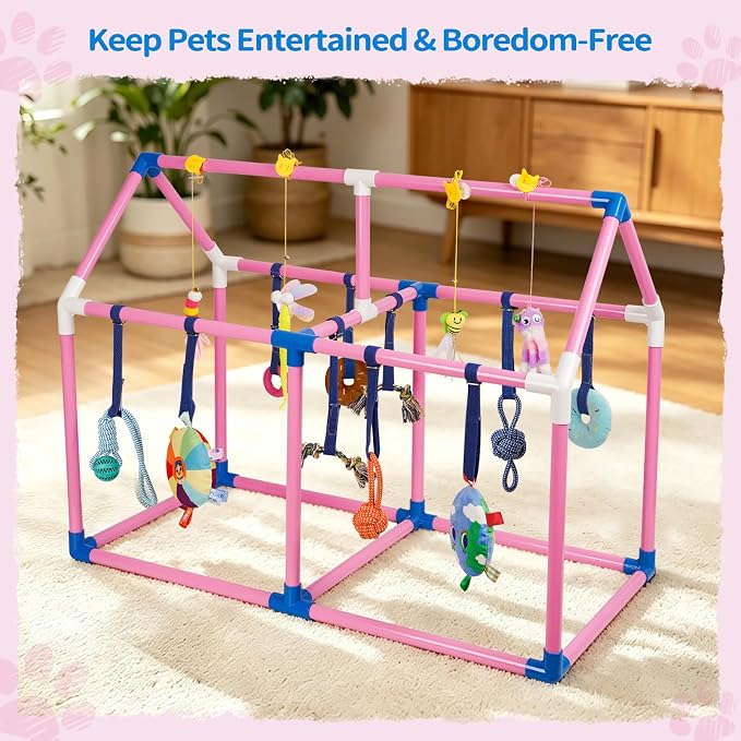 Liitrton Puppy Play Gym for Small Dogs & Kittens, Large PVC Pink Frame | Indoor Puppy Jungle Gym with 14 Hanging Enrichment Toys, Reduce Puppy & Cats Boredom