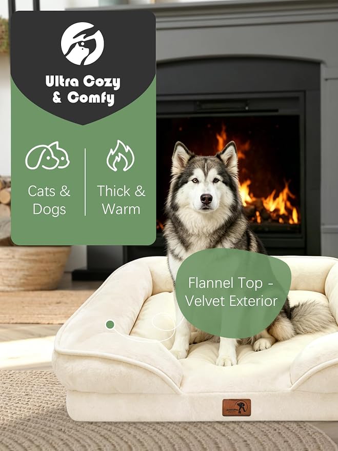 Spotted Play Orthopedic Dog Bed with Sides - Sofa Beds for Extra Large Dogs, Supportive Foam Pet Couch Bed with Washable Removable Cover, Waterproof Lining and Non-Slip Bottom, Ivory - XL-Plus