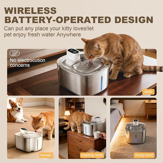 Wireless Cat Water Fountain Stainless Steel,4.5L Cordless Pet Fountains for Dringking,4000mah Battery Operated Cat Water Pountain,Automatic Dog Dispenser w Pet Hair Remover Gloves