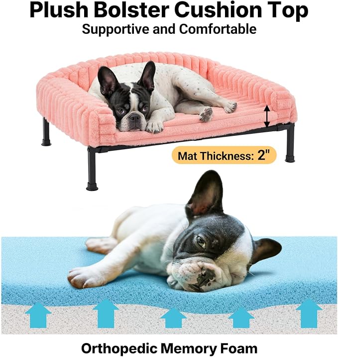 Veehoo Elevated Dog Bed with Bolster Cushion, Fluffy Plush Dog Couch Beds for Small Dogs, Cats, Washable Raised Pet Cot with Non-Slip Feet for Indoor or Patios Use, 36 x 28 Inches, Pink
