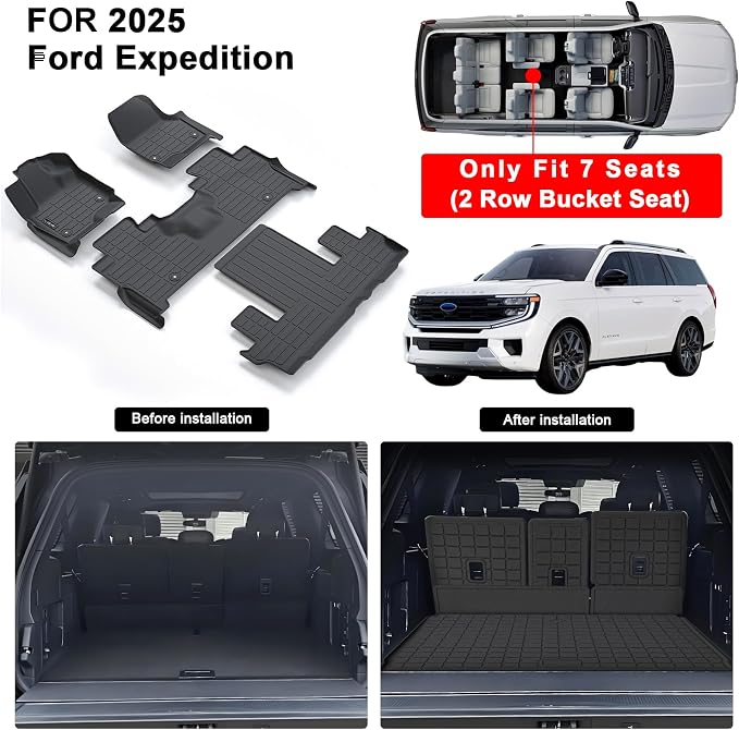 Floor Mats for 2025 Ford Expedition MAX 7 Seats (2nd Row Bucket Seat) with Cargo Liners & Backrest Mat,TPE All Weather Protection 1st 2nd 3rd Row Full Set Car Mats Accessories