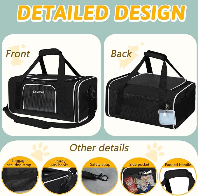 Small Pet Carrier 18" L x 13" W x 9.5" H Airline Approved, Black | for Southwest Airlines, Lockable Safety Zippers and Anti-Scratch Mesh, Pets Under 10 lbs