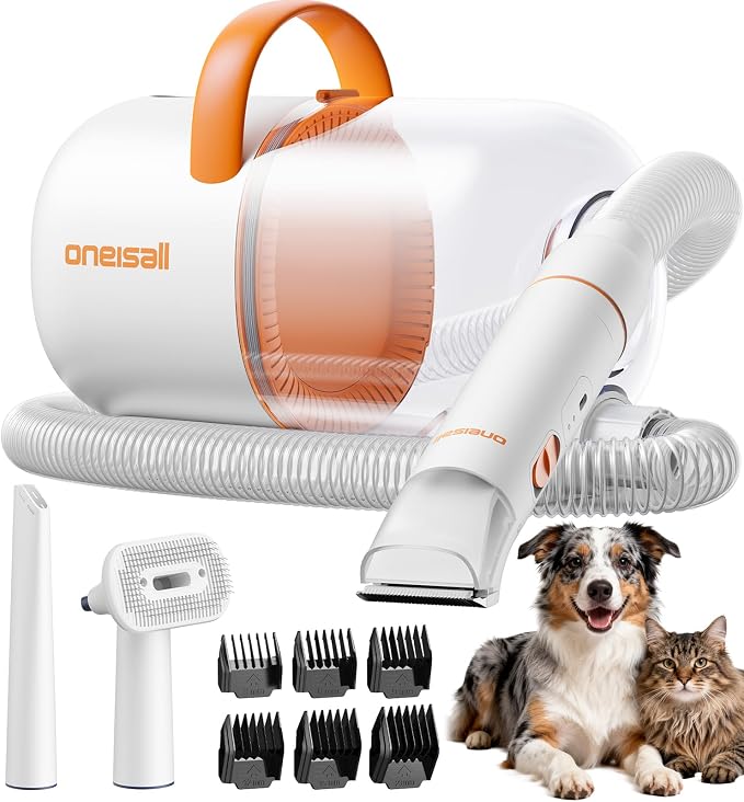 oneisall Dog Grooming Vacuum - 15000Pa Suction, Captures 99% Pet Hair to Reduce Shedding, Dog Grooming Clippers & Quiet Brush (≤59dB) with 4 Accessories, 2L Dust Canister for Home Cleaning（Orange） | 15000Pa Suction Power, Dog Grooming Kit, Low Noise≤59...