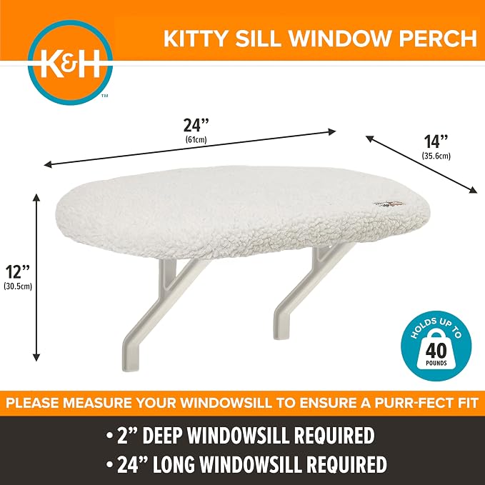 K&H Cat Window Perch Kitty Sill - Cat Window Hammock Bed with Strong Support Holds 40 lbs, Cushioned Windowsill Bed for Indoor Cats, Washable Cover, Cream Fleece, 24 x 14 Inches