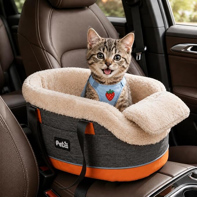 Pet Car Center Console Elevated Armrest Car Seat for Small Puppy, Dogs & Cats (Up to 10 lbs) – Dark Gray Washable Plush Carrier with Safety Leash, Fits Front Vehicle Console Space (Dark Grey)