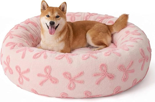 JOEJOY Jacquard Donut Round Dog Beds Medium Sized Dog,Pink 30x30x8in, Removable Washable Cover, Cute Pattern, Ultra Soft Fluffy Calming Pet Bed with Thick Supportive Bolster