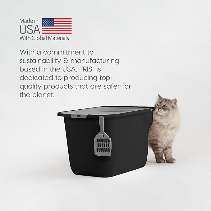 IRIS USA Cat Litter Box Large Top Entry with Lid, Enclosed Litter Box with Litter Catching Lid & Scoop, Covered Cat Litter Box Enclosure for Privacy, High Sided, Black/Gray
