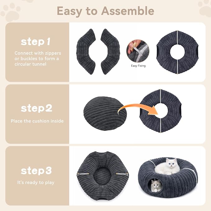 Dogpals Cat Tunnel Bed Cave 33" Lx10 Wx10 H for Indoor Cats | Washable Cozy Cushion, Soft Striped Plush Fabric, Hideaway Peekaboo Cave for Kittens, Puppies, Rabbits & Small Pets