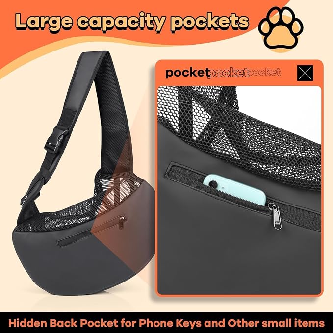 YUDODO Pet Sling Carrier for 5-9 lbs Small Dogs Cat Puppy Crossbody Carrier | Bottom support, Safety Hook, Large Zipper Pocket, Soft Breathable Mesh, Adjustable Strap, Reflective Strip, Black, M