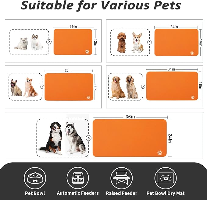 HotLive Dog Food Mat - Absorbent Cat Mat for Food and Water, No Stains Pet Feeding Bowl Mat, Easy to Clean Pet Placemats, Quick Dry Dog Water Dispenser Mat for Messy Drinkers | Paw Orange 24"x36"