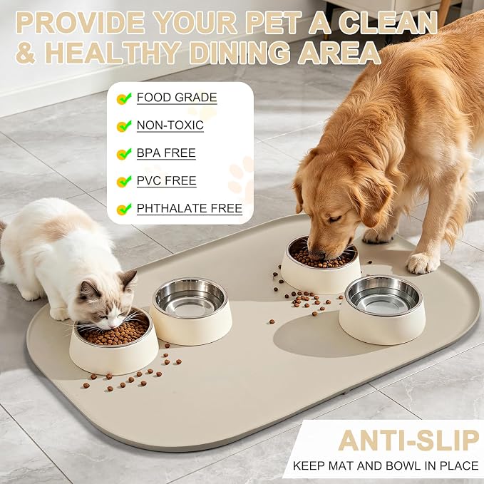 SMILOOL Waterproof Silicone Pet Food Mat with Raised Edge for Dog & Cat | 36" x 24" Non-Slip Large Pet Feeding Mats with Lip for Food & Water Bowl, Food Grade, Easy Cleaning, Beige