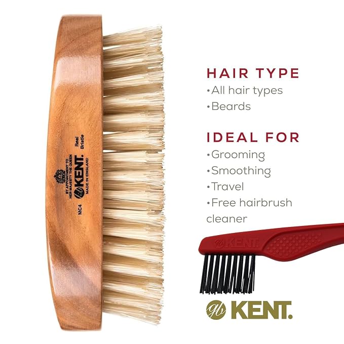 Kent MC4 Men's Hair and Beard Brush Kit: Exfoliating Natural Boar Bristle Hair Brush, Cherrywood Base with Firm Bristles for Coarse Hair Types - LPC3 Brush Cleaner - Premium Grooming Set