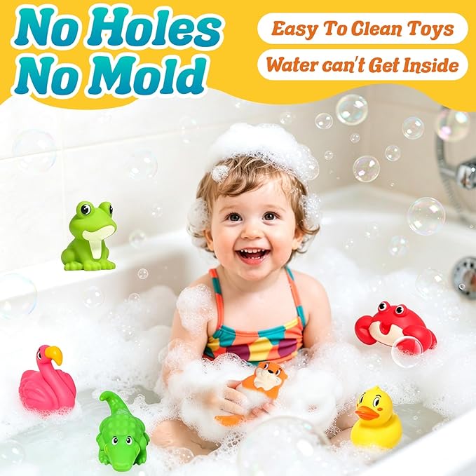 Mold Free Bath Toys for Kids Ages 1-3,6Pcs No Hole River Baby Bath Toys Design Keeps Moisture Out, Toddler Learn Crab Ducks Animal with Soft Squeeze Bathtub Toys,Pool Toy