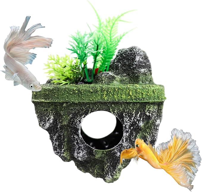 Floating Island Fish Tank Decorations – Aquarium Decor with Hideout Tunnel, Betta Fish and Shrimp Cave, PVC Aquarium Accessory with Artificial Plants
