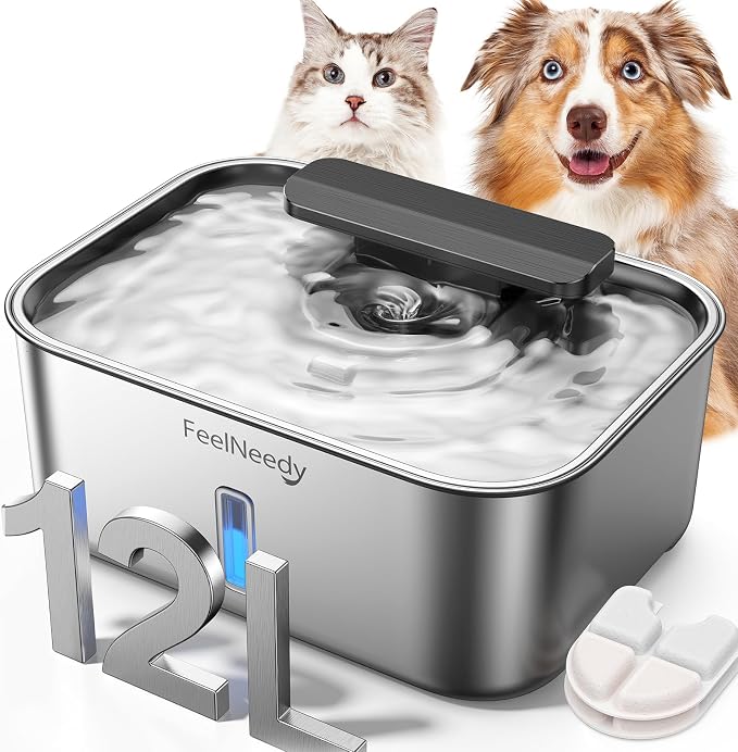 FEELNEEDY 3 Gal Stainless Steel Dog Water Fountain for Large Dog, Pet Water Fountain, Dog Water Bowl Dispenser with Water Level Window, Super Quiet for S-L Dogs and Multi-Pet
