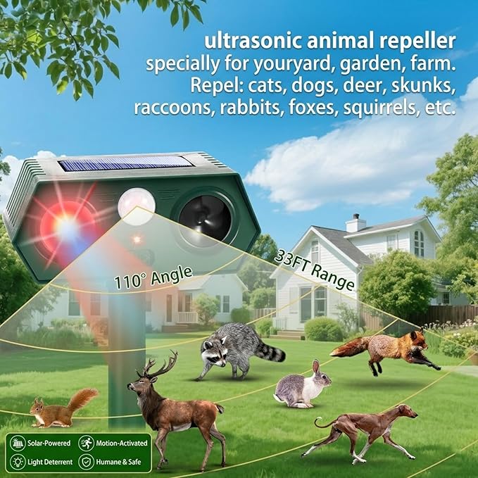 Upgraded Solar Ultrasonic Animal Repellent Outdoor,4Pack Waterproof Deer Repellent Devices with Motion Sensor for Yard,Cat Repellent with Red&Blue LED Flash Lights to Scare Rabbit Raccoon Skunk