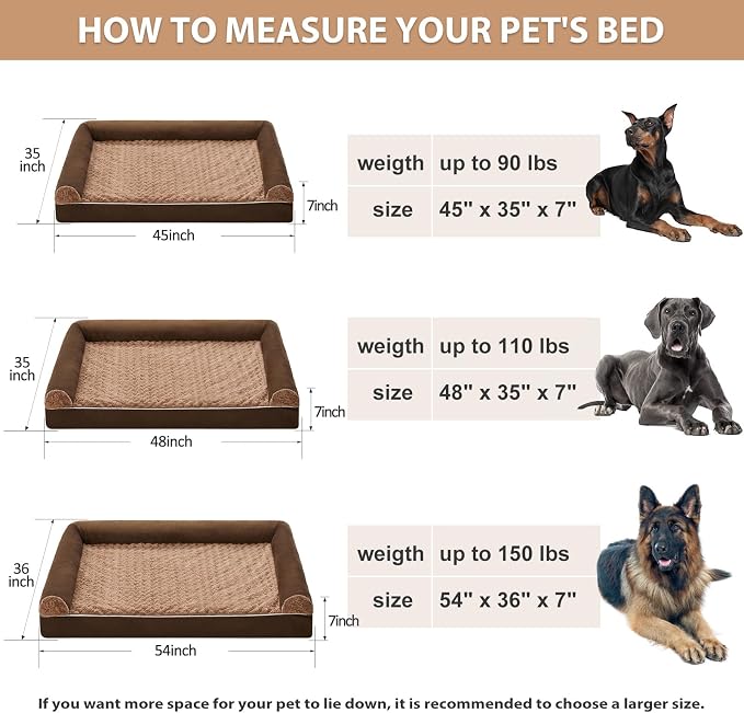BFPETHOME Orthopedic Washable XXL Dog Bed for Senior Dog Cozy Sleep | Extra Large Waterproof Big Soft Pet Couch Bed for Dogs Relax with Removable Cover Supportive Egg Crate Foam Brown 54x36 Inch