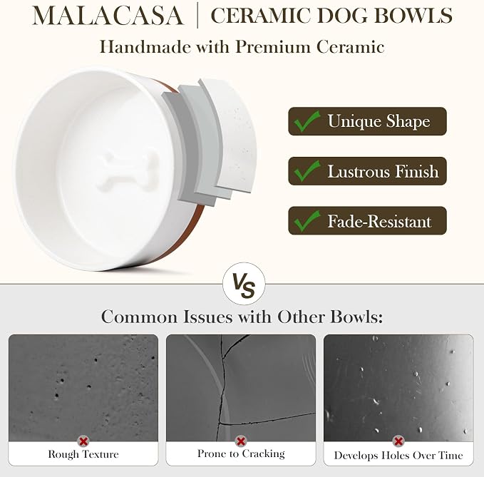 MALACASA Ceramic Dog Bowls Set with Wood Stand, 3.5 Cups Pet Bowls for Medium Dogs with Non-Slip Base, Large Puppies, Cats, Retrievers, ect.Pet Food & Water Basic Bowls Set, Weighted Glaze Matte.34 OZ