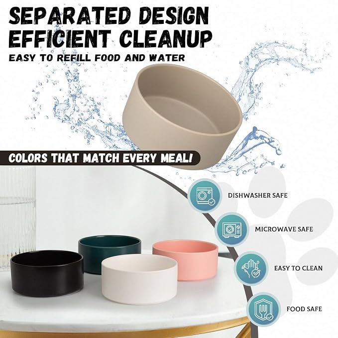 Raised Ceramic Dog Bowl Set with Stand, 2 Cups Elevated Dog Food Stand | 6.1'' Single Dog Food or Water Bowl Set, Non-Slip Dog Feeding Dishes for Small to Medium Breeds, 28.75 OZ, White