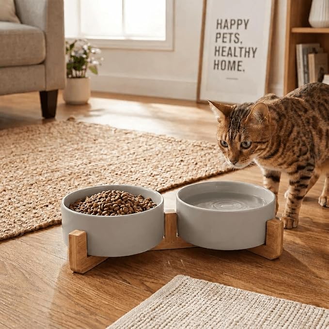 SPUNKYJUNKY Ceramic Dog and Cat Bowl with Wood Stand Non-Slip Matte Glaze Weighted Food Water Set for Cats &Small Dogs 13.5OZ