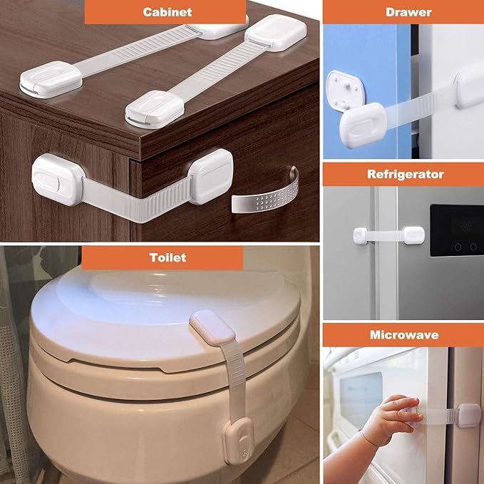 Vmaisi Baby Proofing Cabinet Locks - Childproofing Adjustable Multi Use Straps Latches for Drawers, Fridge, Dishwasher, Toilet Seat, Cupboard, Closet, Oven,Trash Can, Adhesive No Drilling (White) (20)